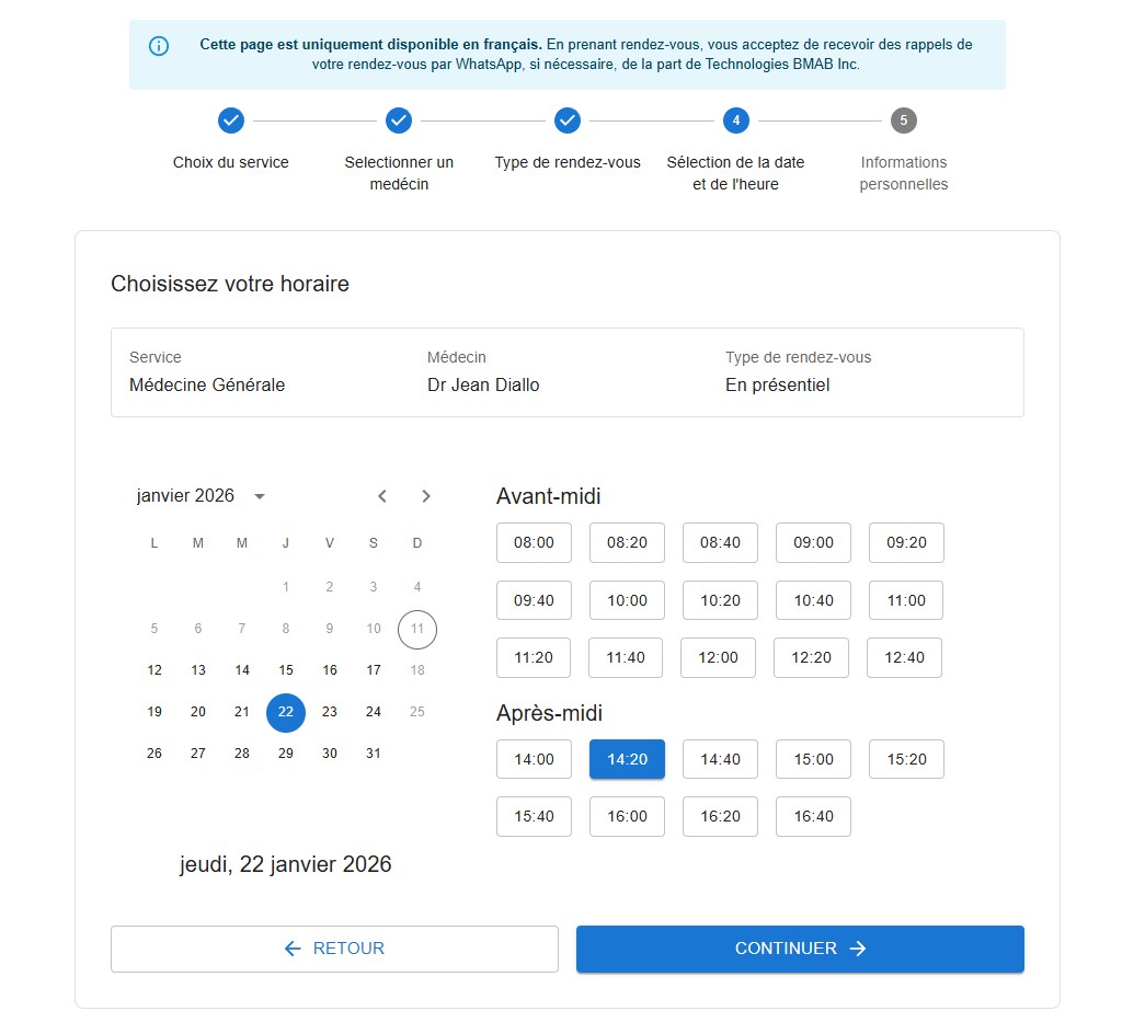Interface de prise de rendez-vous en ligne